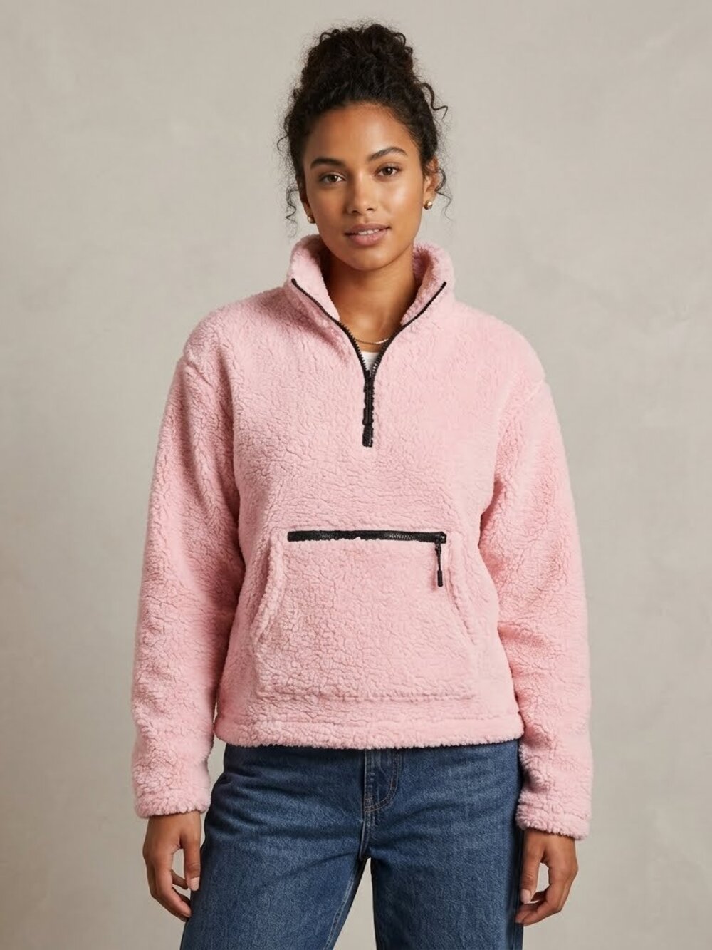 No Boundaries Pink Sherpa Fleece Quarter Zip Pullover Med
